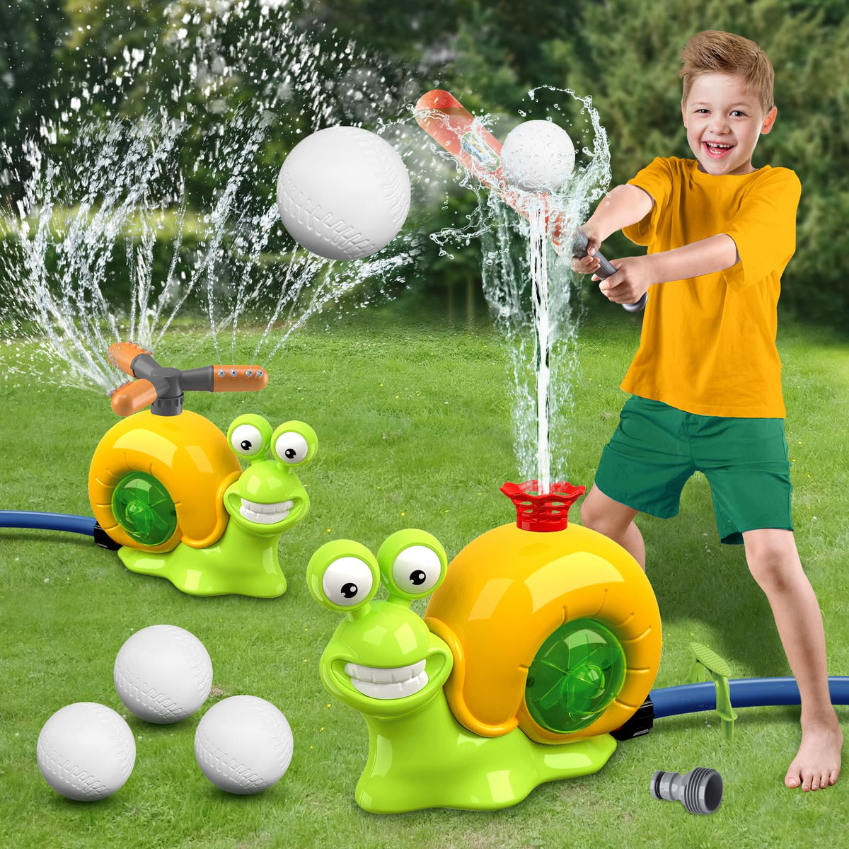 ROUSKY 2-in-1 kids water play and baseball set with caterpillar sprinkler