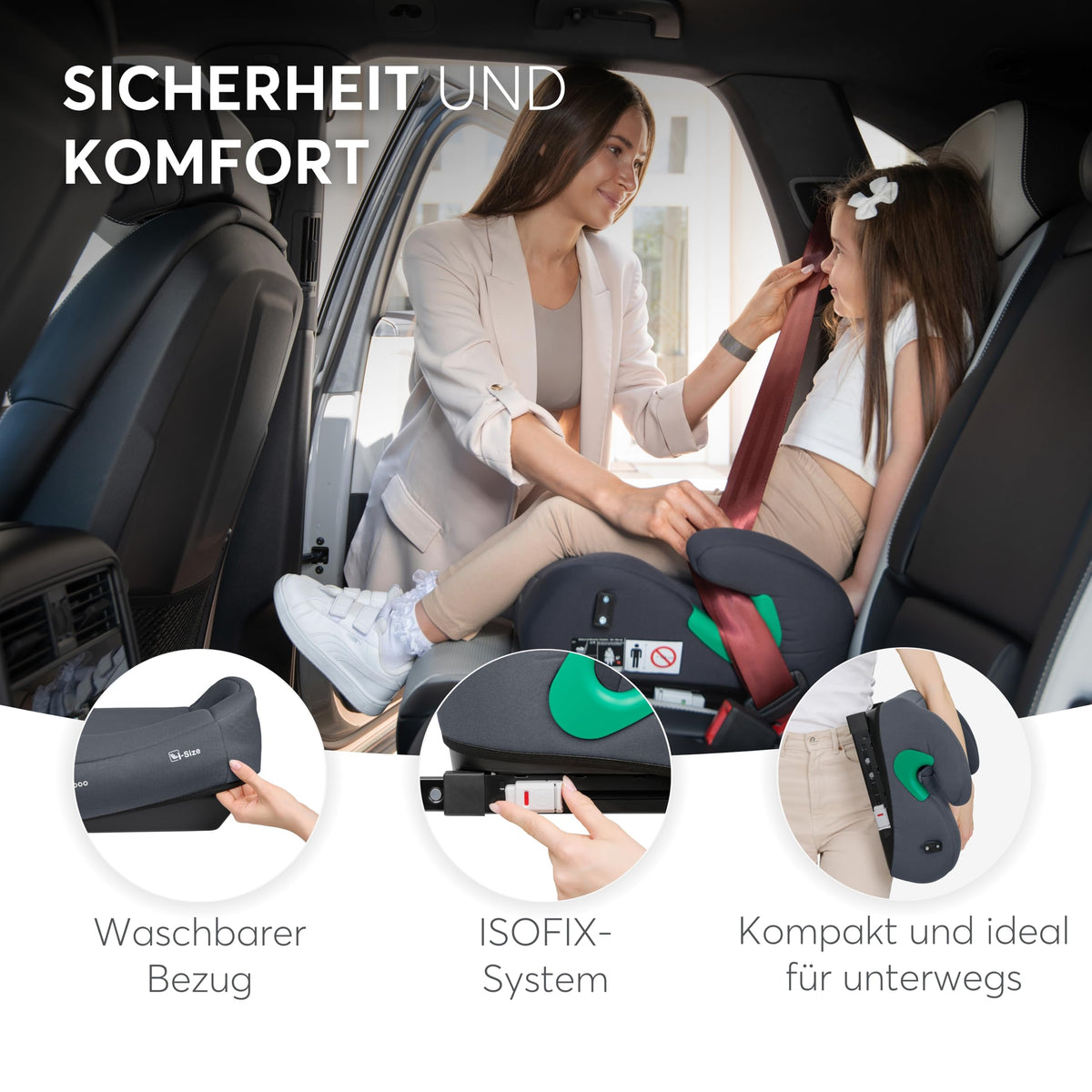 KikkaBoo i-POP i-Size turvatooli istmekõrgendus ISOFIX-iga 125–150 cm (22–36 kg), must