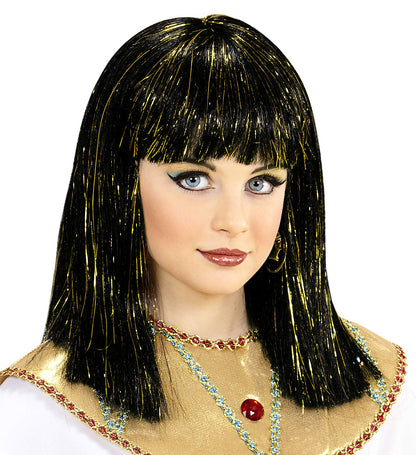 Laste Cleopatra wig, black with golden shimmer threads