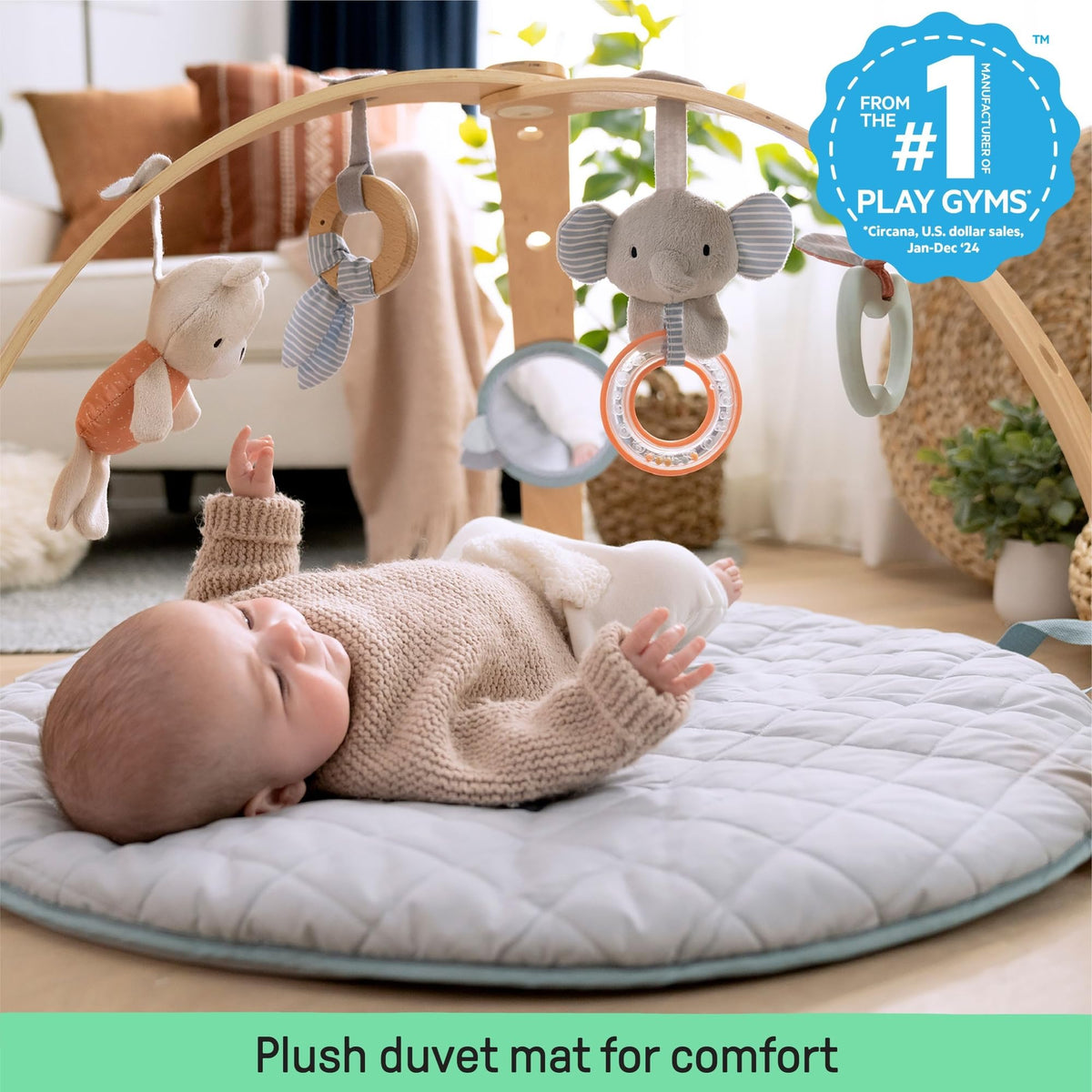 Ingenuity Cozy Spot reversible activity mat and play arch with wooden hanging bar, Loamy