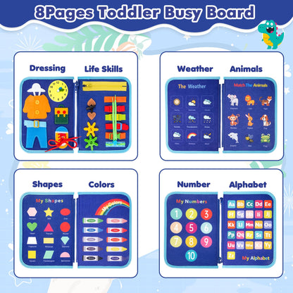 Montessori felt Busy Board sensory suitcase, 7 panels, for children 1–7 years, blue