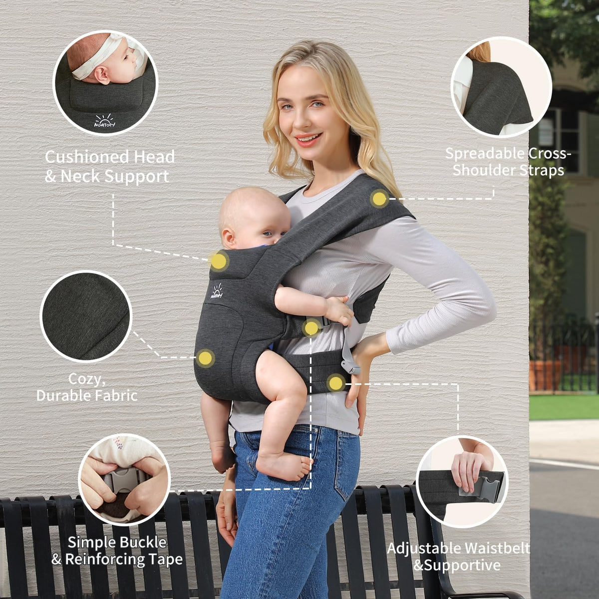MOMTORY vastsündinu–väikelapse kandelina tugivöö ja ergonoomilise istmega, 3–22 kg, tumehall