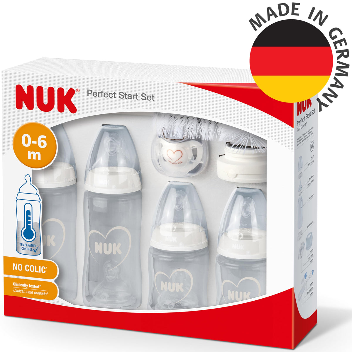 NUK First Choice+ Perfect Start baby bottle set, 0–6 months, heart-shaped, white