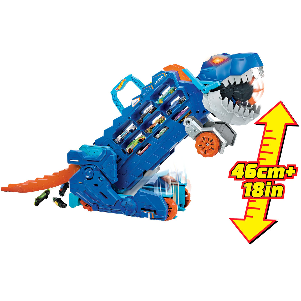 Hot Wheels City T-Rex treiler ja võidusõidurada, valguse ja heliefektidega
