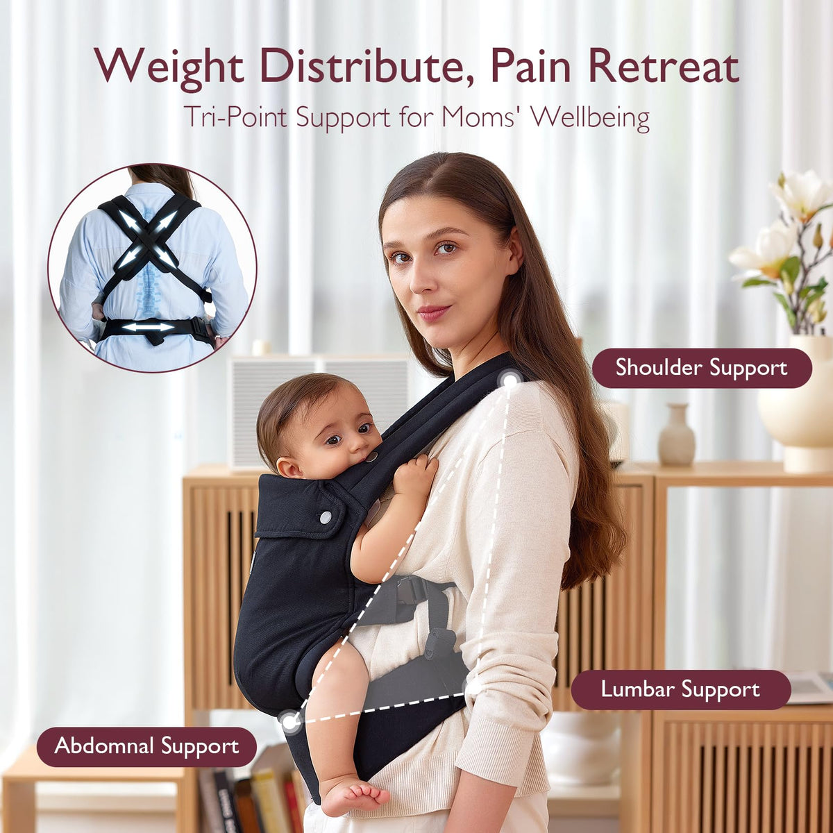 Momcozy ergonomic baby carrier – black, cotton, 3-in-1 design (7–20 kg)