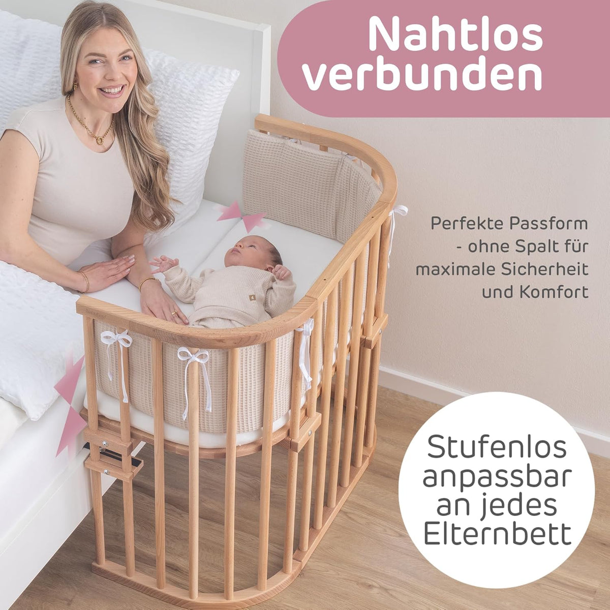 Babybay original beech wood bed pocket, adjustable height, wood