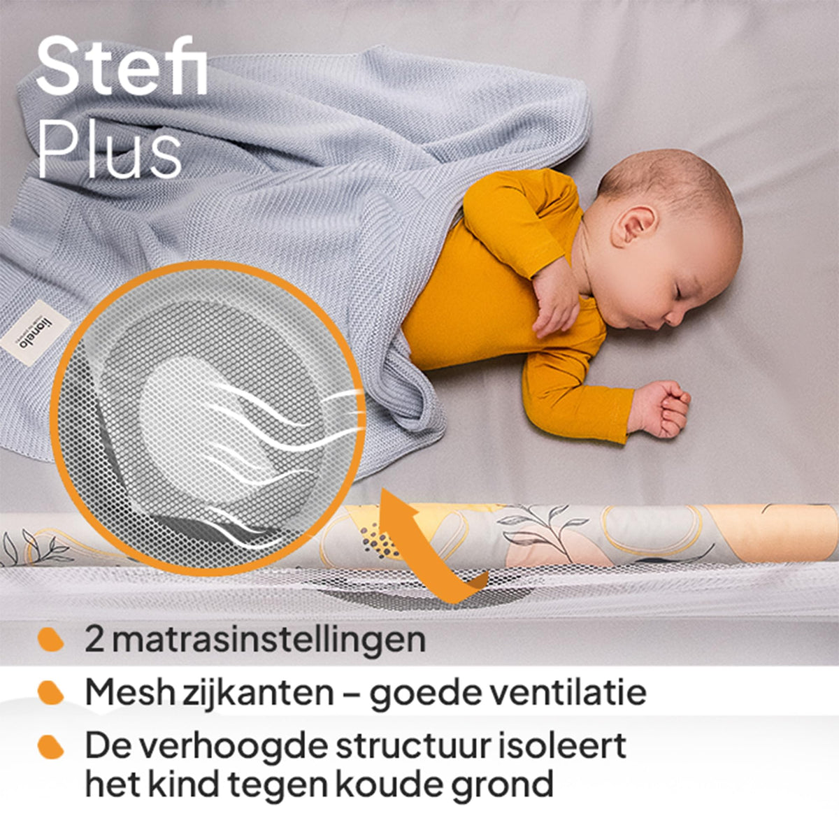 Lionelo Stefi Plus kokkupandav reisivoodi ja mänguaedik madratsiga, hall/lillemuster