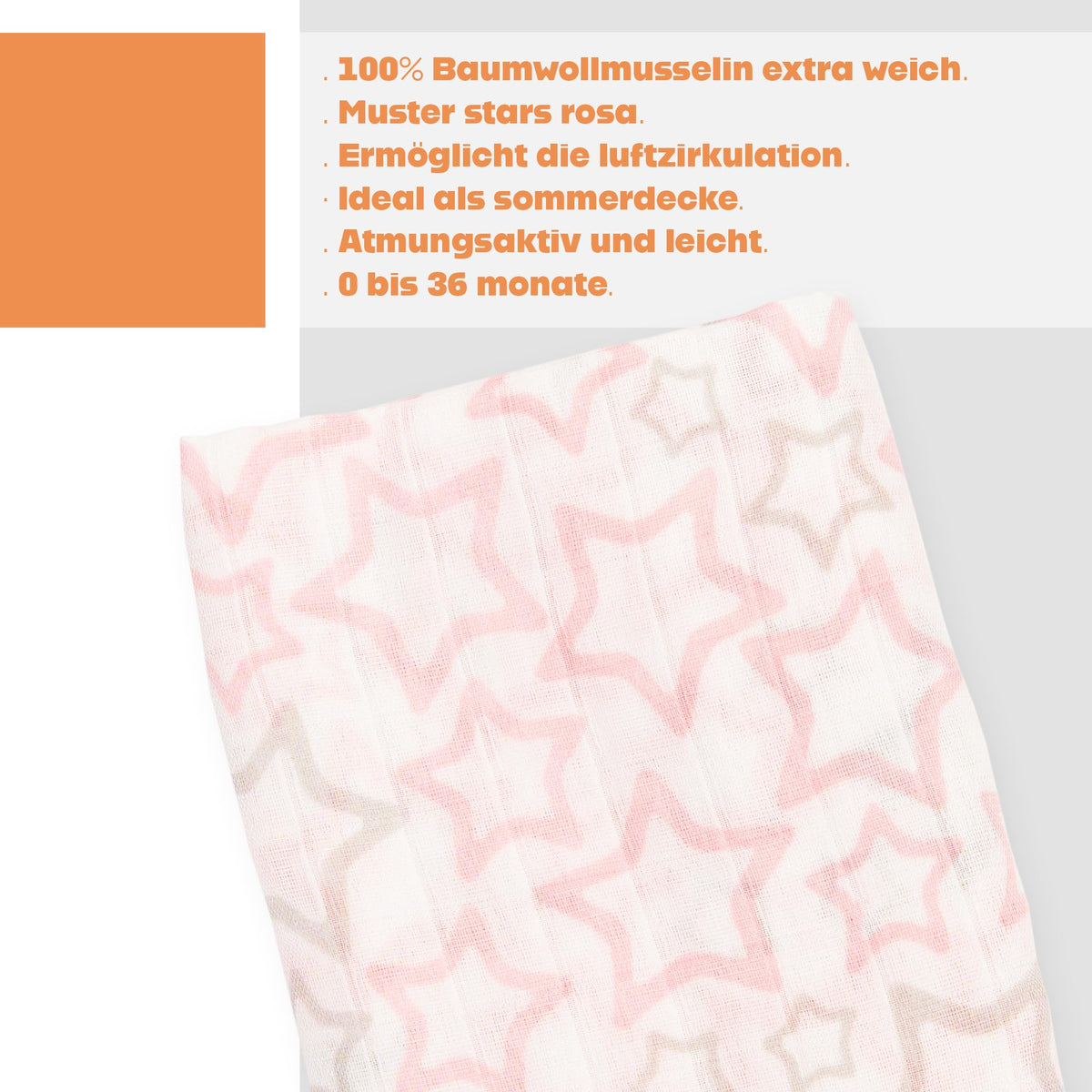Ti TIN 100% puuvillane musliinlina, roosade tähtedega, 125×125 cm
