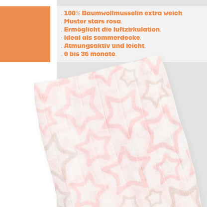 Ti TIN 100% puuvillane musliinlina, roosade tähtedega, 125×125 cm