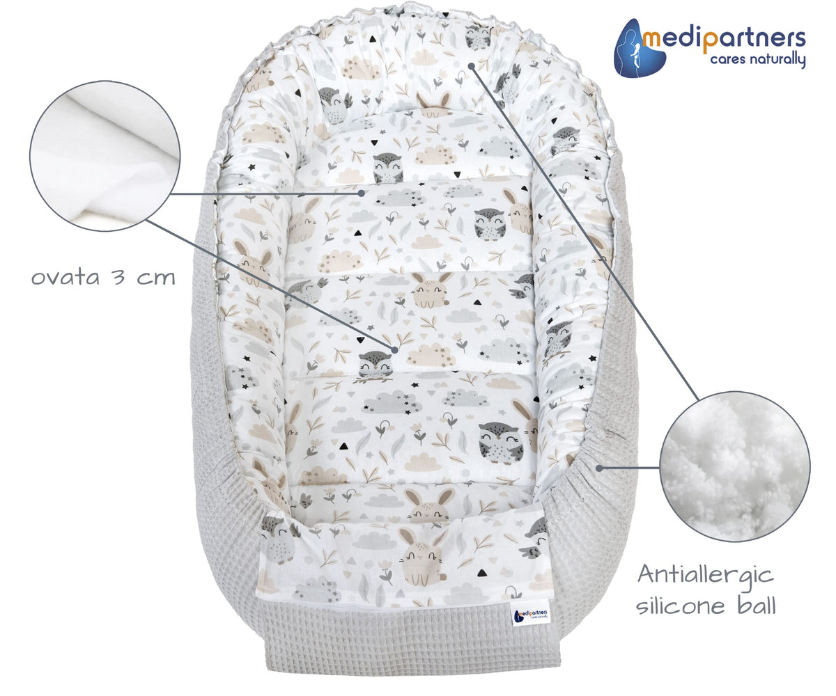 Medi Partners baby nest cocoon, 100×60×15 cm, reversible, cotton Waffle, grey