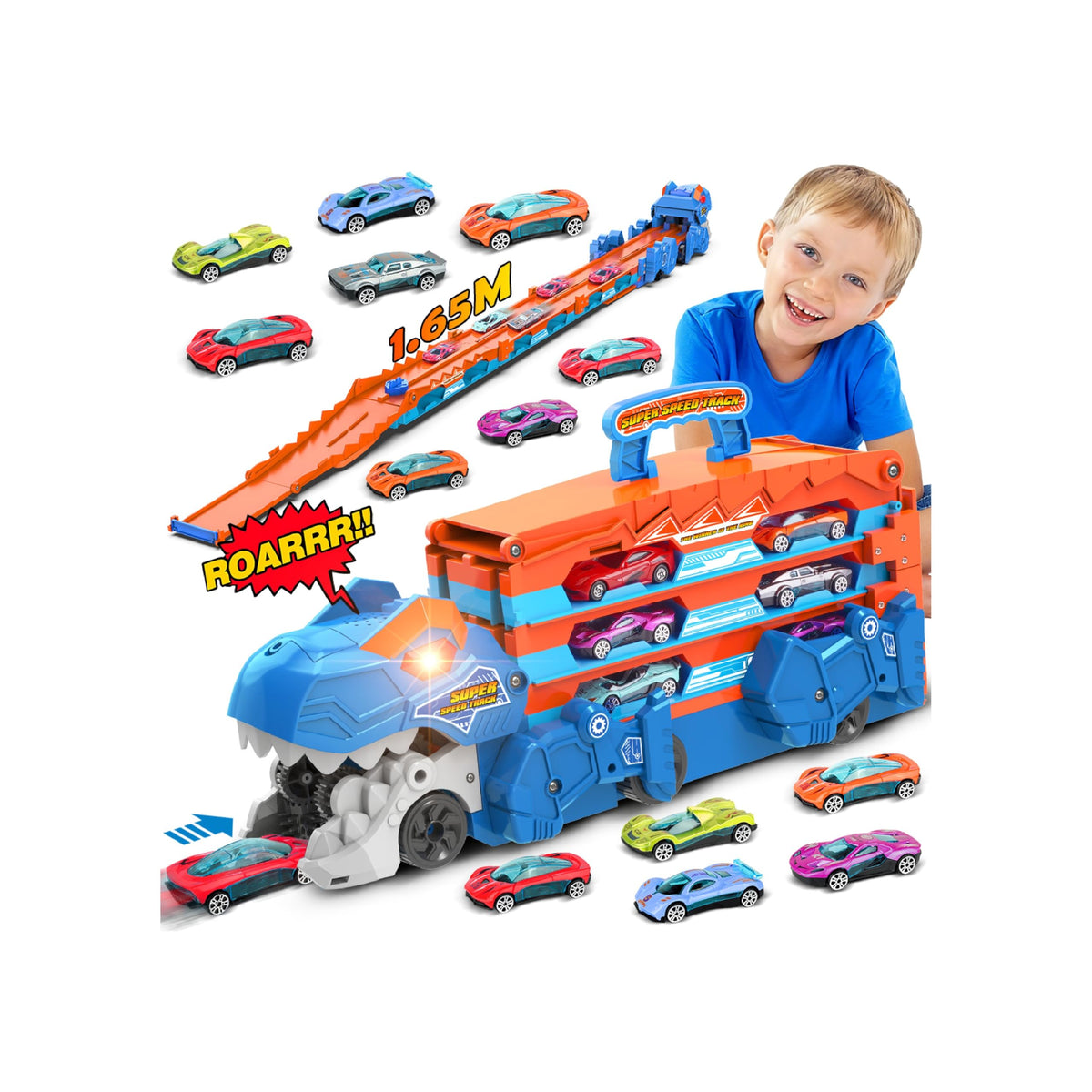 3-in-1 Dinosauruseteemaline transpordiveok ja rallirada 8 mudelautoga