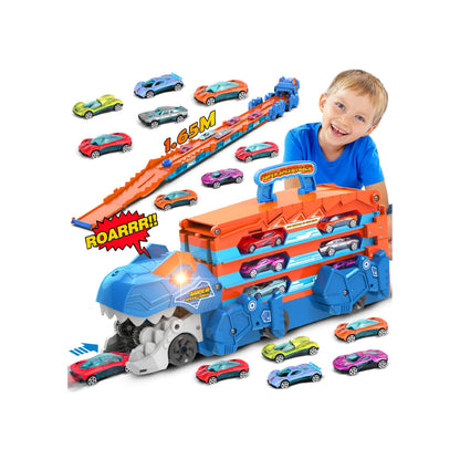 3-in-1 Dinosauruseteemaline transpordiveok ja rallirada 8 mudelautoga