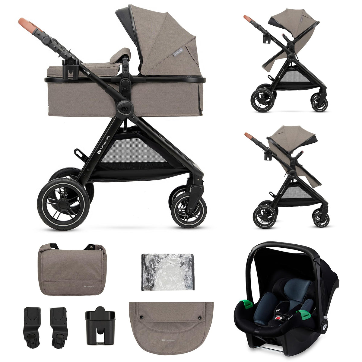 Kinderkraft ESME 3in1 jalutuskäru koos MINK PRO i-Size turvahälliga, beež
