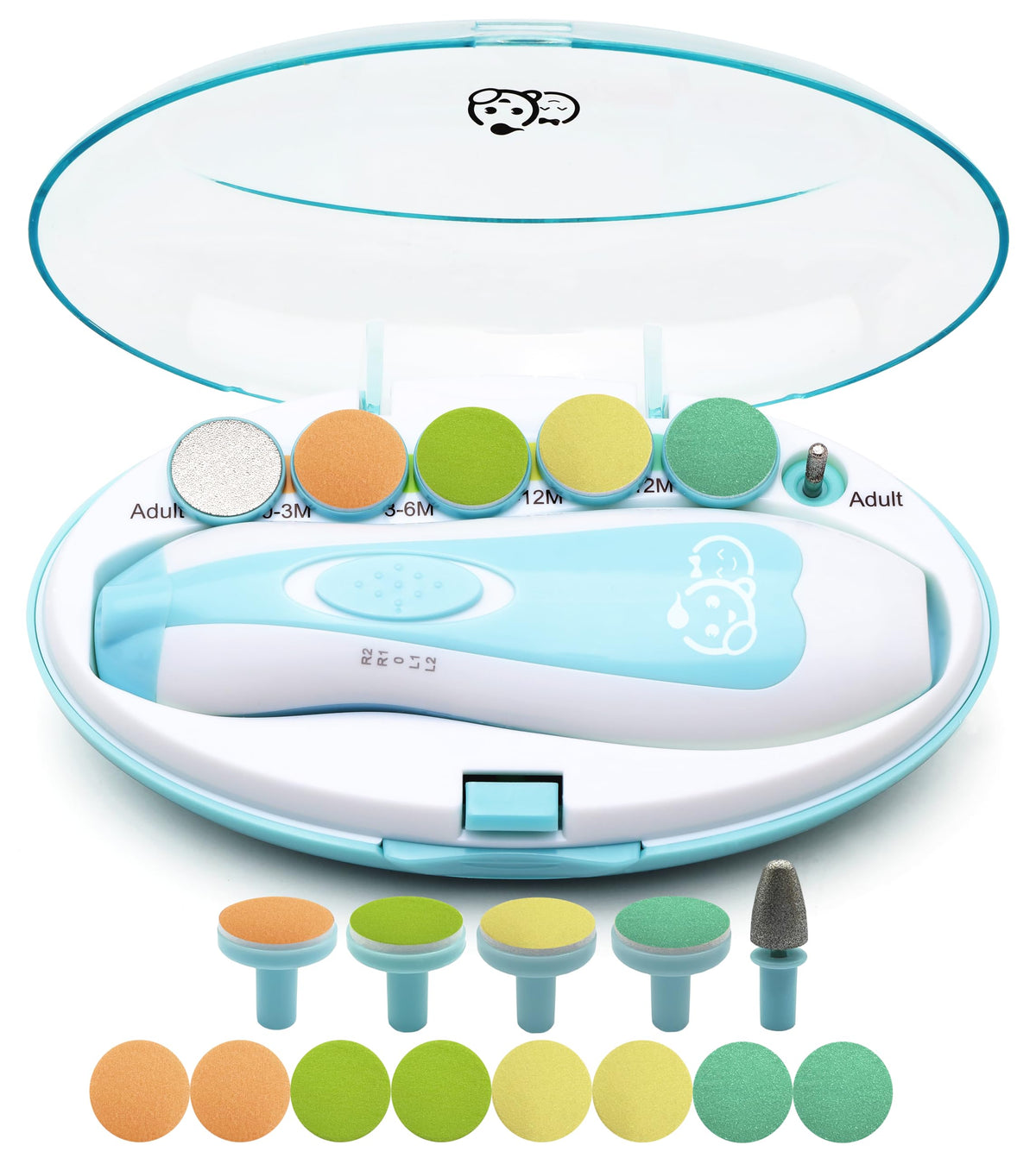 Royal Angels electric baby nail file, 21-piece set with LED light, 13 extra pads, turquoise