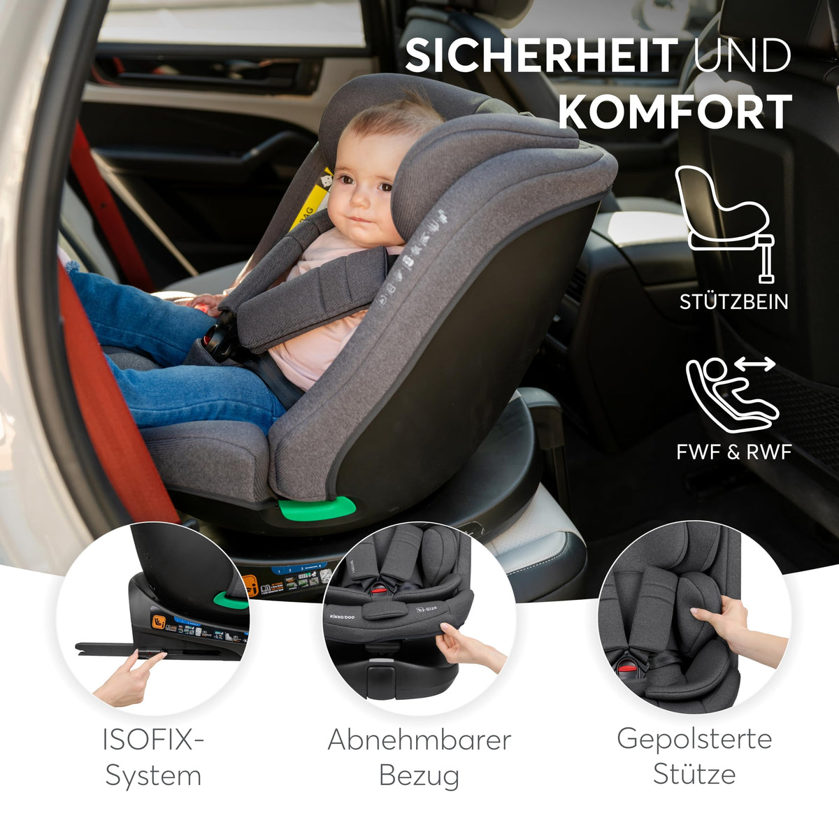 KikkaBoo i-SECURE 360° rotating car seat 0–36 kg / 40–150 cm, dark grey