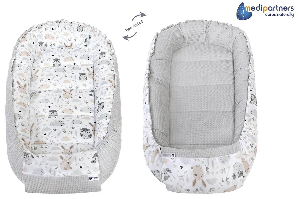 Medi Partners baby nest cocoon, 100×60×15 cm, reversible, cotton Waffle, grey