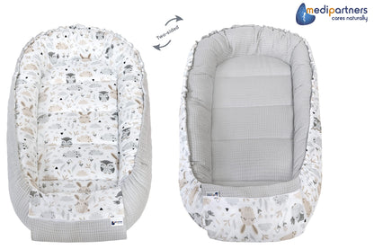 Medi Partners baby nest cocoon, 100×60×15 cm, reversible, cotton Waffle, grey
