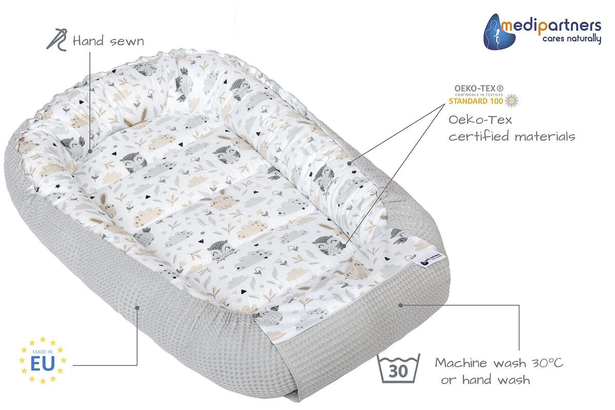 Medi Partners baby nest cocoon, 100×60×15 cm, reversible, cotton Waffle, grey