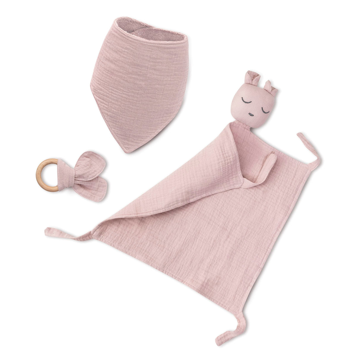 Interbaby gift set: doudou cuddly toy, baby bib, and teething ring, pink