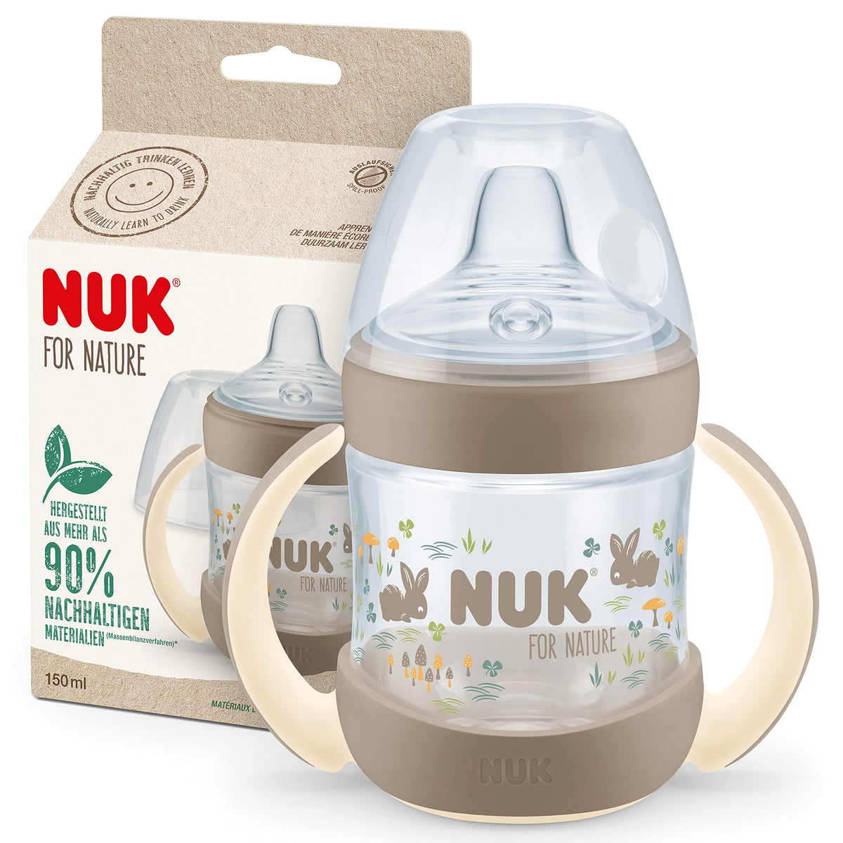 NUK for Nature drinking cup 150 ml, 6–18 months, leak-proof, with temperature indicator, beige