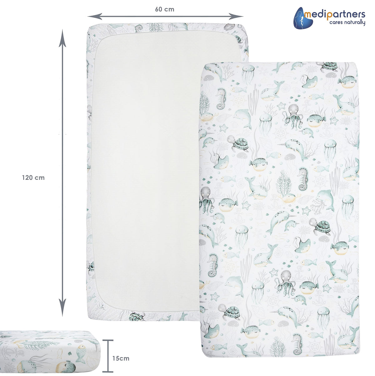 Medi Partners crib sheet, 60 × 120 cm, 100% cotton, Ocean