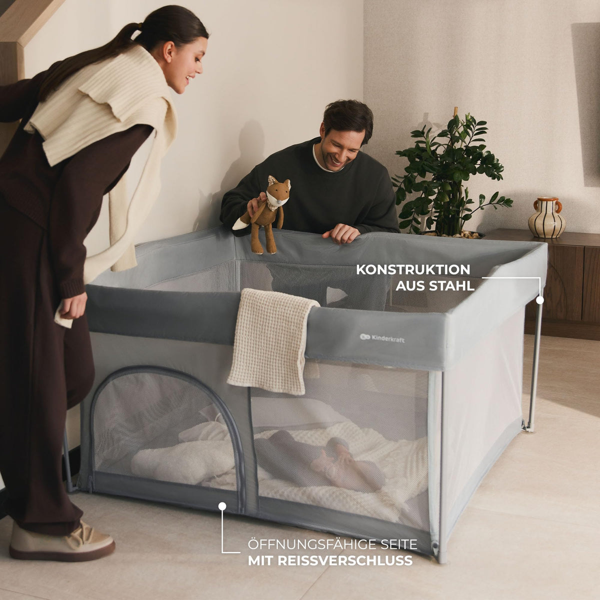 Kinderkraft ZIKI kokkupandav mänguaedik kandekotiga, hall (Grey), 126,5 × 126,5 cm