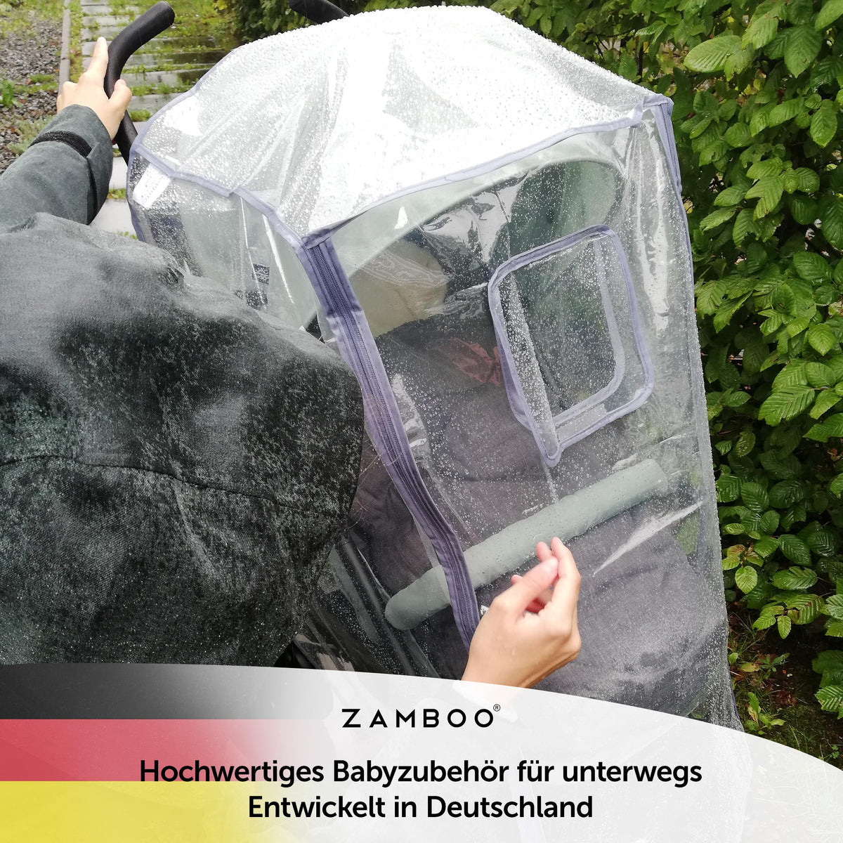 Zamboo universal rain cover for stroller and pushchair, with an opening window and zipper, transparent