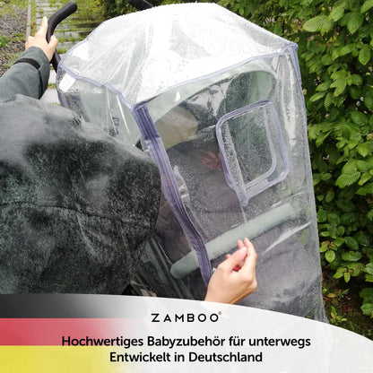 Zamboo universal rain cover for stroller and pushchair, with an opening window and zipper, transparent