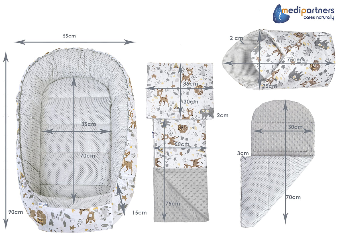 Medi Partners 5-osaline beebipesa komplekt Deer & Grey Plush, 100% puuvill