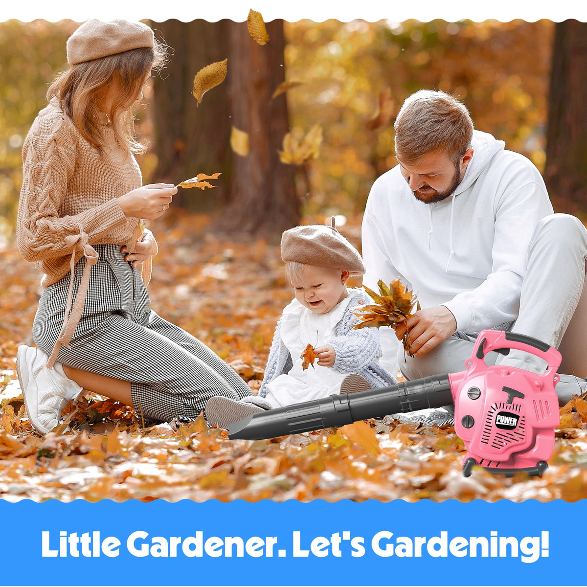 Toy Choi's children's garden tool set with pink leaf blower and accessories