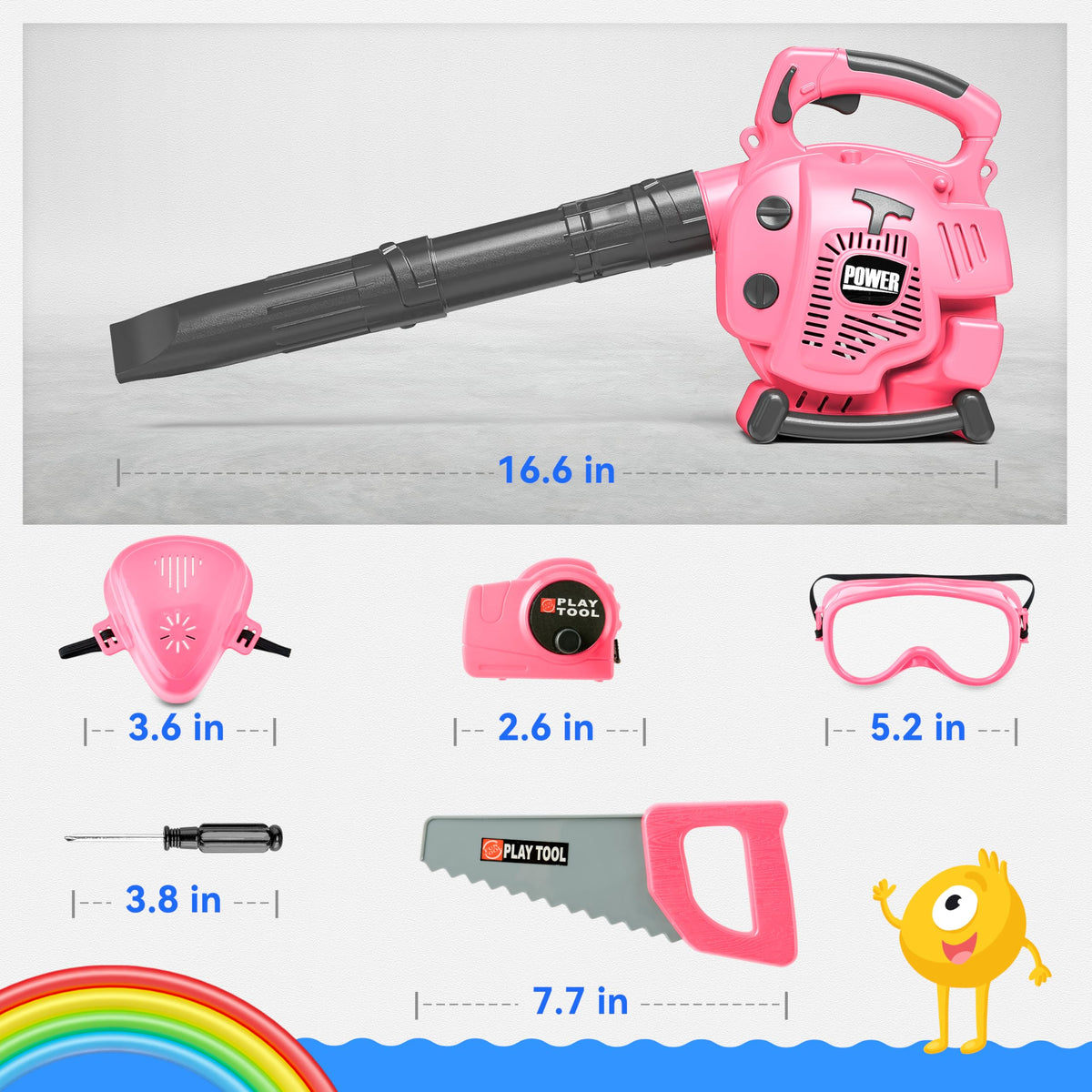 Toy Choi's children's garden tool set with pink leaf blower and accessories